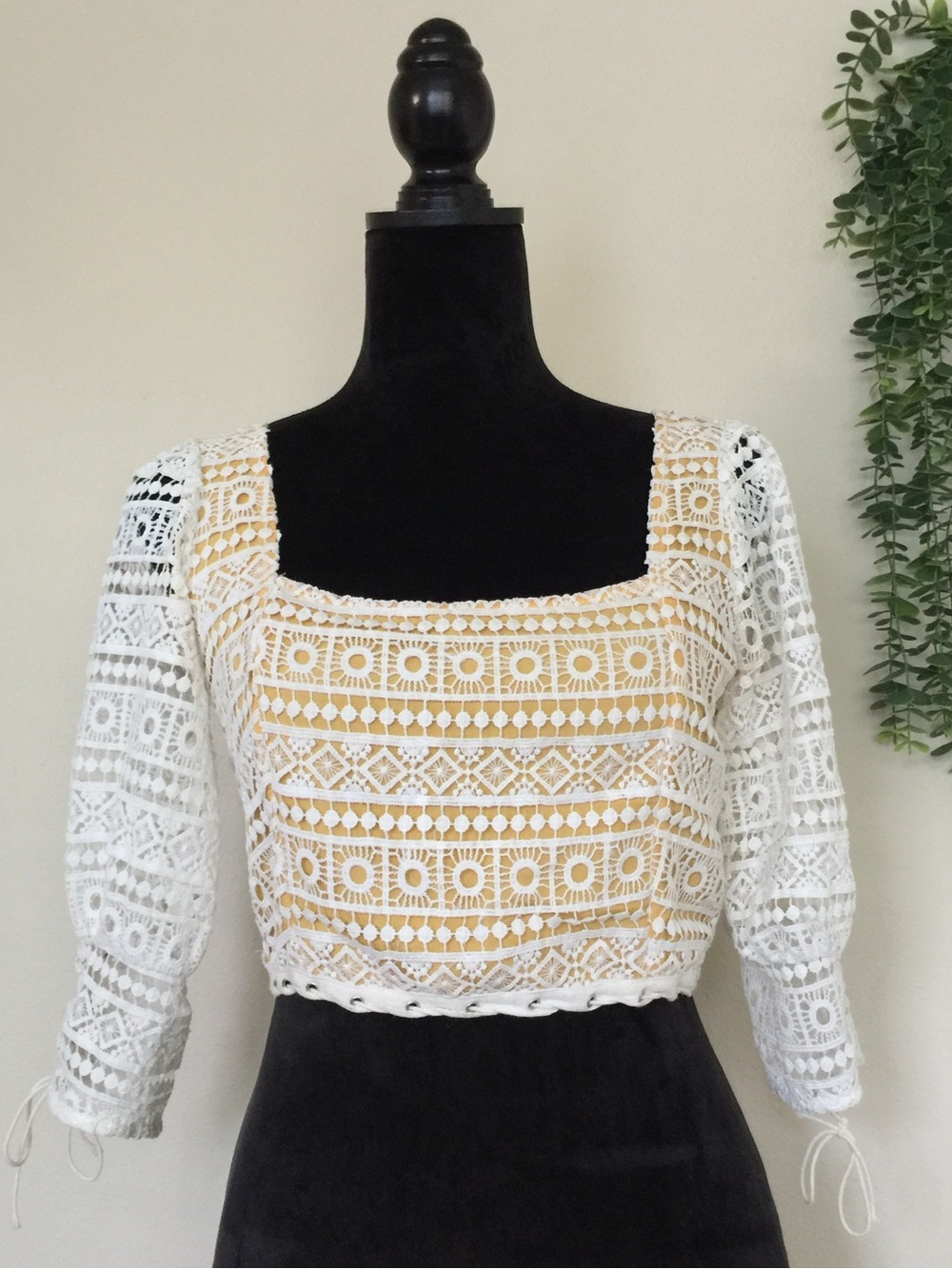 Fanco White Crochet Lace Square-Neck Blouse with Light Yellow Lining